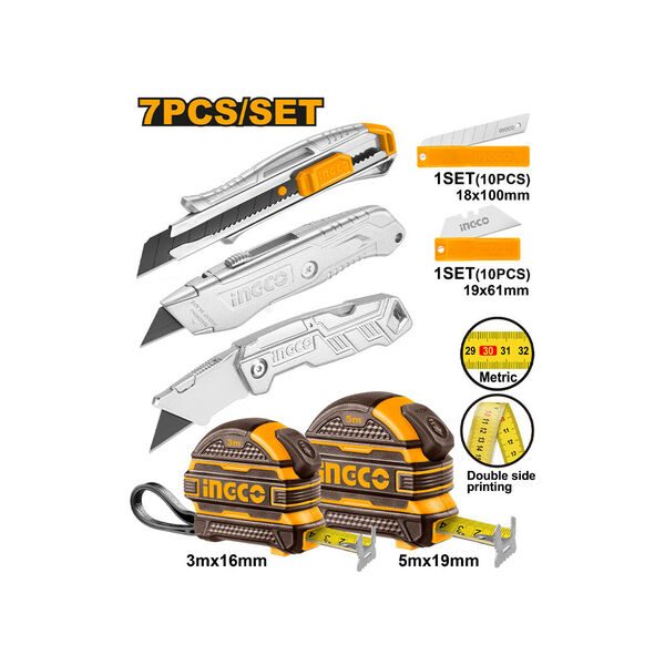 Show details for 7-piece set of stationery knives and measuring tapes (HMK23039) INGCO Picture of 7-piece set of stationery knives and measuring tapes (HMK23039) INGCO