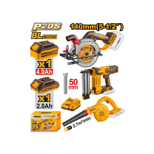 უკაბელო ცირკულარული ხერხის, სტეპლერისა და ჰაერდამბერის 3 ც-იანი კომპლექტი (COSLI240683) INGCO უკაბელო ცირკულარული ხერხის, სტეპლერისა და ჰაერდამბერის 3 ც-იანი კომპლექტი (COSLI240683) INGCO