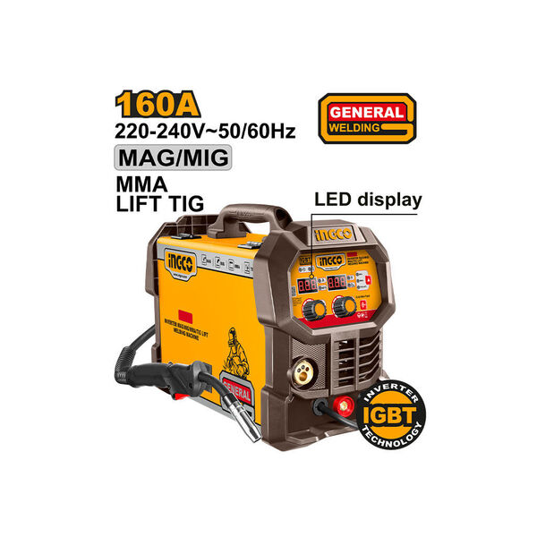 ინვენტორული მულტიფუნქციური შედუღების აპარატი MAG/MIG/MMA/TIG 30-160A (ING-MGT16058) INGCO ინვენტორული მულტიფუნქციური შედუღების აპარატი MAG/MIG/MMA/TIG 30-160A (ING-MGT16058) INGCO