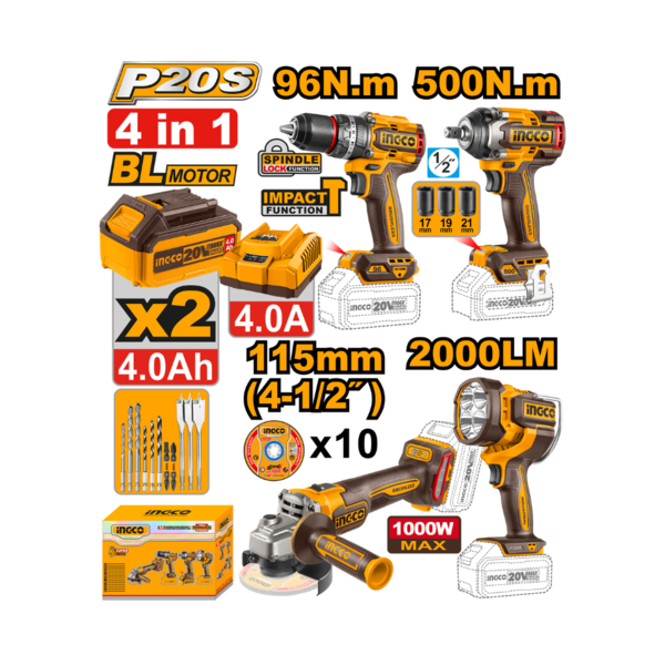 უსადენო ინდუსტრიული ხელსაწყოების 4ც-ნი კომპლექტი 20V-4AH (COSLI241292) უსადენო ინდუსტრიული ხელსაწყოების 4ც-ნი კომპლექტი 20V-4AH (COSLI241292)